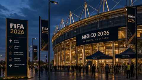 Estadio con señalética FIFA 2026 para análisis normativo y operativo