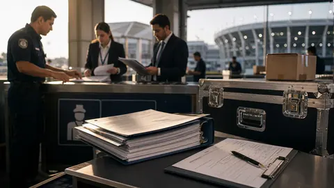 Expediente documental y mercancía revisados en un entorno aduanero para operaciones del Mundial