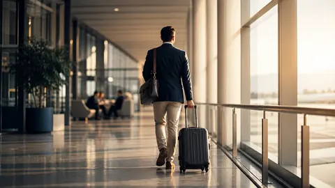 Persona con maleta en aeropuerto para análisis migratorio