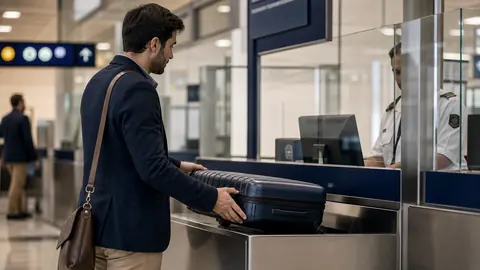 Pasajero internacional en proceso de revisión aduanera en aeropuerto