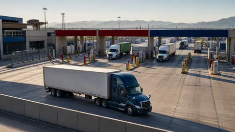Camiones de carga cruzando instalaciones aduaneras entre México y Estados Unidos